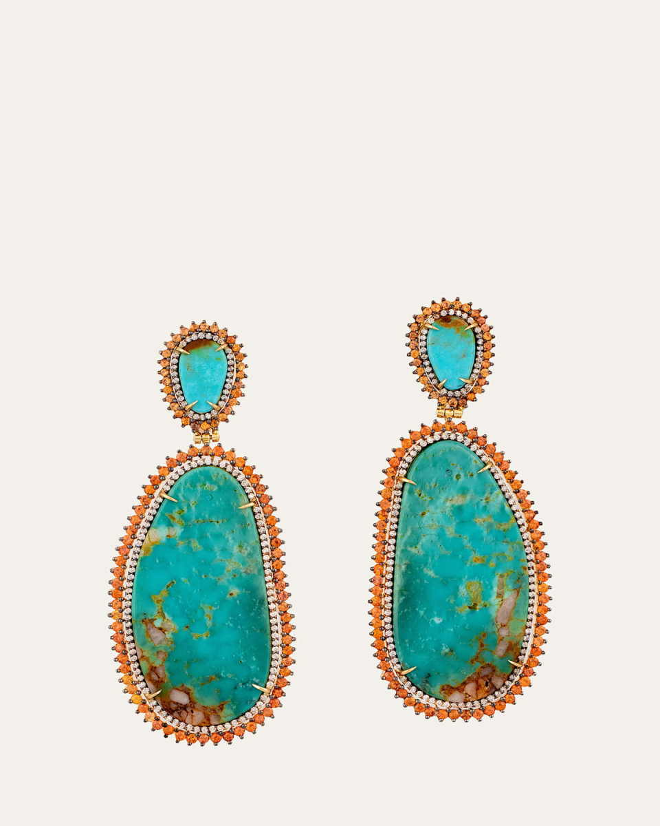 18K White Gold Turquoise Earrings with Diamonds and Orange Sapphires